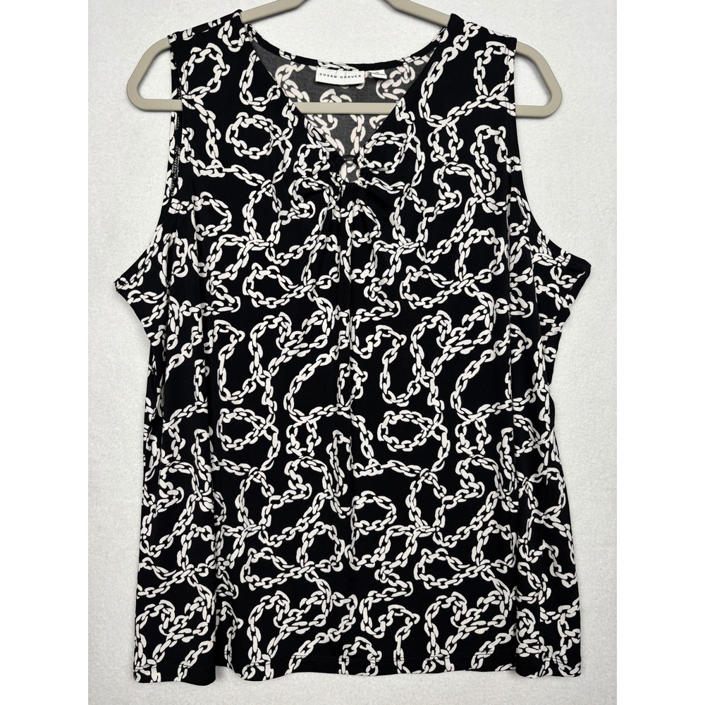 Susan Graver Chain Print Tank Womens 1X Plus O-Ring V-Neck Sleeveless